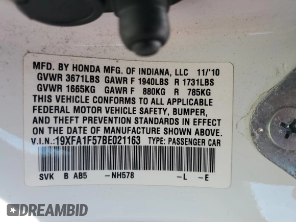2011 Honda Civic LX with VIN 19XFA1F57BE021163, listed as a Copart auction lot 55912685 with 196,744 mi miles and Non Repairable. Bid and sale history available at DreamBid. Image 12.