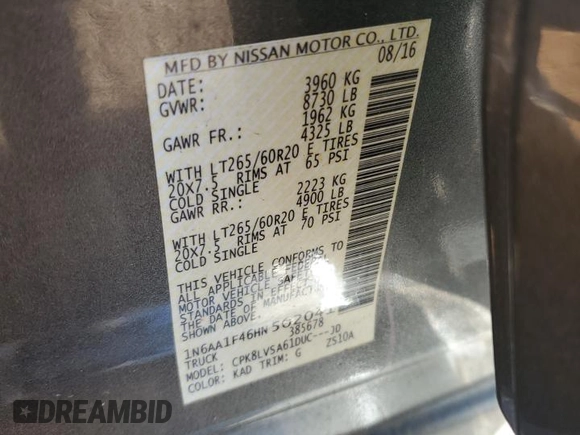 2017 Nissan Titan XD SL with VIN 1N6AA1F46HN502041, listed as a Copart auction lot 81795114 with 109,176 mi miles and Salvage Title. Bid and sale history available at carsss.com. Image 15.