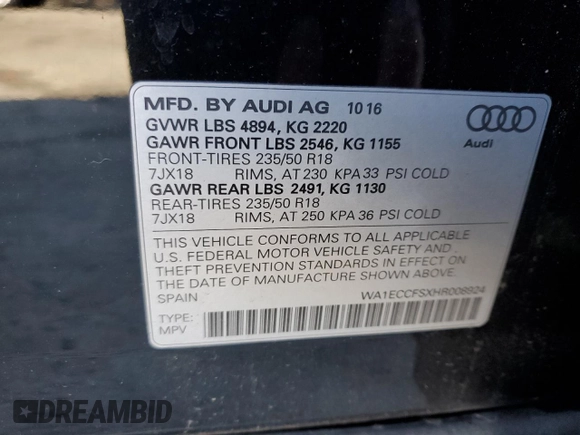 2017 Audi Q3 Premium with VIN WA1ECCFSXHR008924, listed as a Copart auction lot 84751624 with Not provided miles and Salvage title. Bid and sale history available at DreamBid. Image 14.