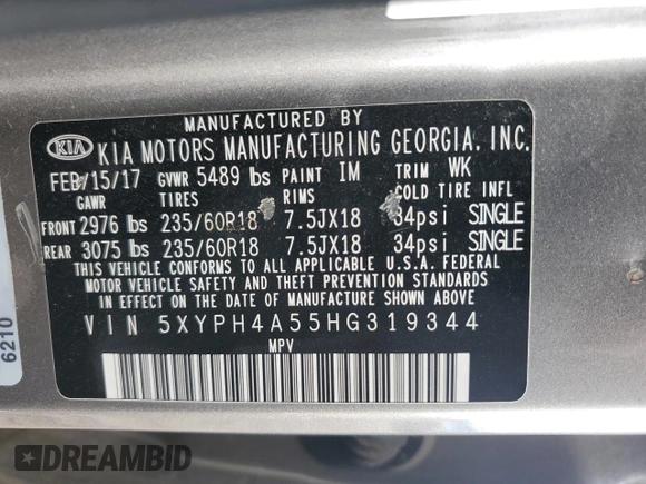 2017 Kia Sorento EX V6 with VIN 5XYPH4A55HG319344, listed as a Copart auction lot 51506115 with 102,173 mi miles and Salvage Title. Bid and sale history available at carsss.com. Image 14.
