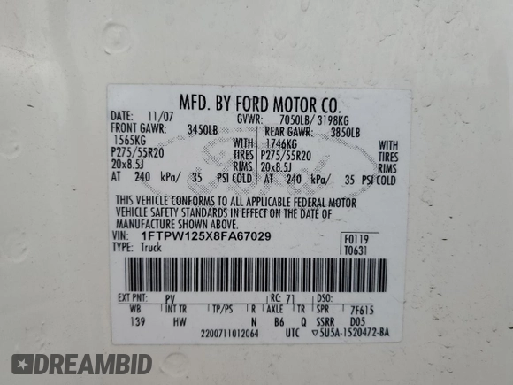 2008 Ford F-150 XLT с VIN 1FTPW125X8FA67029, выставлен на аукционе Copart как лот 59308465 с пробегом 229 041 миль миль и Списание • Salvage title. История ставок и продаж доступна на DreamBid. Изображение 12.