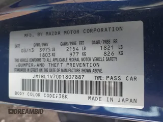 2013 Mazda 3 i Touring with VIN JM1BL1V70D1807887, listed as a IAAI auction lot 42151913 with 131,512 mi miles and . Bid and sale history available at DreamBid. Image 9.