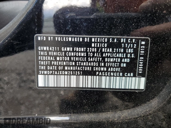 2013 Volkswagen Jetta SE z VIN 3VWDP7AJXDM251251, wystawiony jako Copart lot #57757585 z przebiegiem 167 891 mil mil oraz Szkoda całkowita • Salvage title. Historia ofert i sprzedaży dostępna na DreamBid. Obrazek 13.