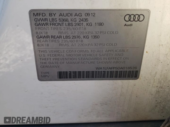 2013 Audi Q5 Premium Plus с VIN WA1LFAFP5DA018526, выставлен на аукционе Copart как лот 72403724 с пробегом 176 232 миль миль и Чистый • Clean title. История ставок и продаж доступна на DreamBid. Изображение 13.