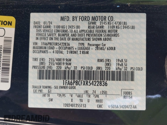 2024 Ford Mustang GT z VIN 1FA6P8CFXR5422836, wystawiony jako IAAI lot #42485136 z przebiegiem 8 437 mil mil oraz . Historia ofert i sprzedaży dostępna na DreamBid. Obrazek 9.