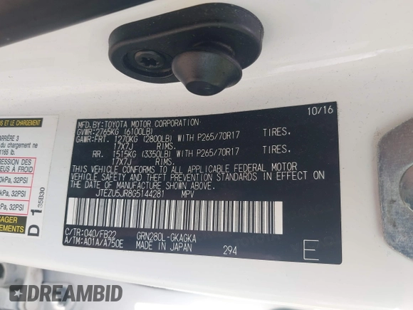 2016 Toyota 4Runner SR5 with VIN JTEZU5JR8G5144281, listed as a IAAI auction lot 42172369 with 143,826 mi miles and . Bid and sale history available at DreamBid. Image 9.