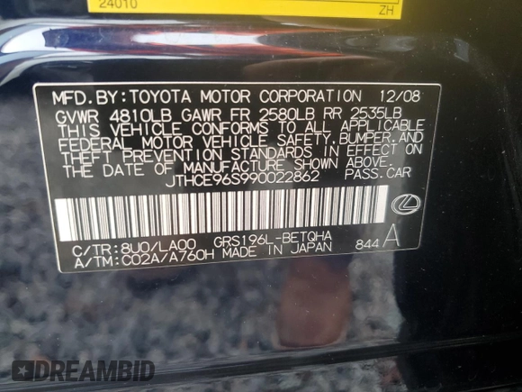 2009 Lexus GS 350 with VIN JTHCE96S990022862, listed as a Copart auction lot 44210145 with 152,477 mi miles and Clean Title. Bid and sale history available at carsss.com. Image 12.