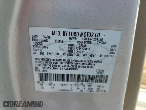 2007 Ford Escape Limited with VIN 1FMYU04187KA40993, listed as a Copart auction lot 88273655 with 209,209 mi miles and Salvage title. Bid and sale history available at DreamBid. Image 13.