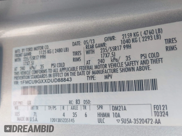 2013 Ford Escape SE с VIN 1FMCU9GXXDUD88843, выставлен на аукционе IAAI как лот 41851314 с пробегом 209 085 миль миль и . История ставок и продаж доступна на DreamBid. Изображение 9.