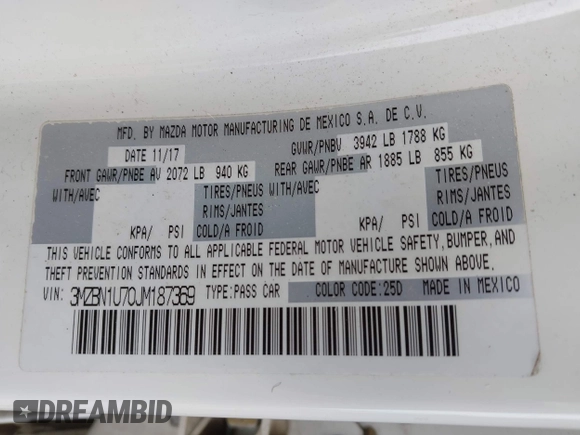 2018 Mazda 3 Sport with VIN 3MZBN1U70JM187369, listed as a IAAI auction lot 42118502 with 113,970 mi miles and . Bid and sale history available at DreamBid. Image 9.
