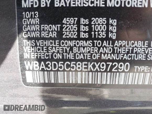 2014 BMW 3 Series 328d xDrive with VIN WBA3D5C58EKX97290, listed as a IAAI auction lot 40453599 with Not Provided miles. Bid and sale history available at carsss.com. Image 9.