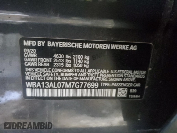 2021 BMW 2 Series M235i xDrive with VIN WBA13AL07M7G77699, listed as a Copart auction lot 89232885 with 52,210 mi miles and Salvage Title. Bid and sale history available at DreamBid. Image 12.