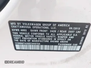 2014 Volkswagen Passat SE z VIN 1VWBN7A32EC003724, wystawiony jako IAAI lot #41890800 z przebiegiem 117 070 mil mil oraz . Historia ofert i sprzedaży dostępna na DreamBid. Obrazek 9.