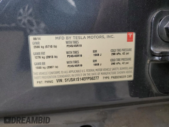 2014 Tesla Model S 60 with VIN 5YJSA1S14EFP56277, listed as a Copart auction lot 57162685 with Not provided miles and Salvage title. Bid and sale history available at DreamBid. Image 13.