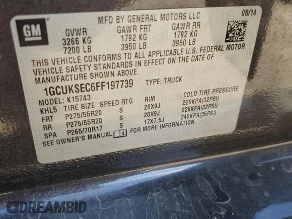 2015 Chevrolet Silverado 1500 LTZ with VIN 1GCUKSEC6FF197739, listed as a Copart auction lot 80463804 with 212,769 mi miles and Salvage Title. Bid and sale history available at carsss.com. Image 12.