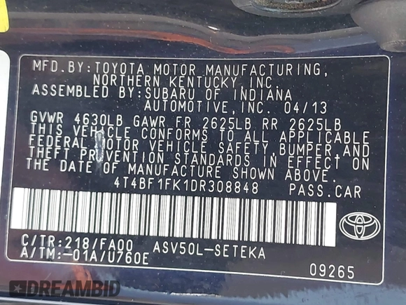 2013 Toyota Camry L with VIN 4T4BF1FK1DR308848, listed as a IAAI auction lot 42014028 with 192,645 mi miles. Bid and sale history available at carsss.com. Image 9.