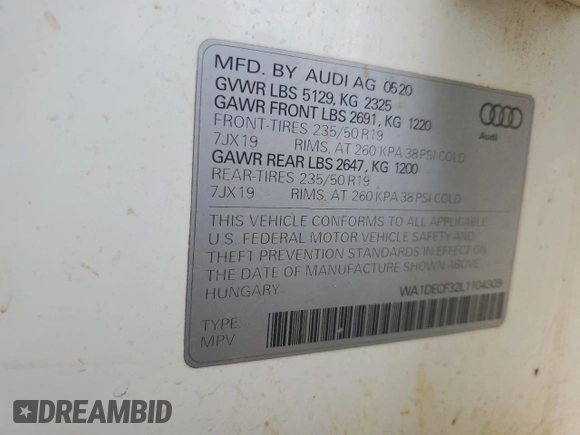 2020 Audi Q3 S line Premium with VIN WA1DECF32L1104309, listed as a Copart auction lot 57162424 with 68,523 mi miles and Salvage title. Bid and sale history available at DreamBid. Image 13.