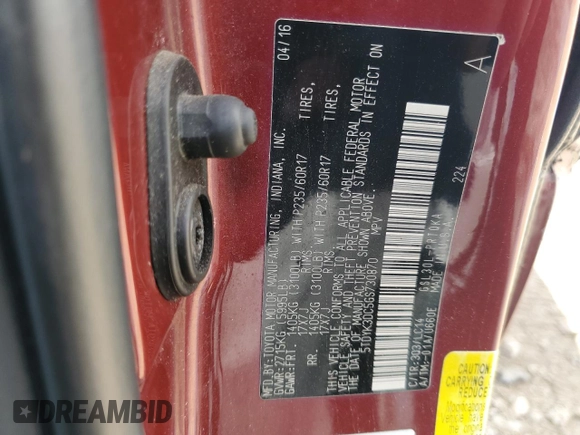 2016 Toyota Sienna XLE with VIN 5TDYK3DC5GS730870, listed as a Copart auction lot 62107505 with 131,619 mi miles and Salvage title. Bid and sale history available at DreamBid. Image 12.