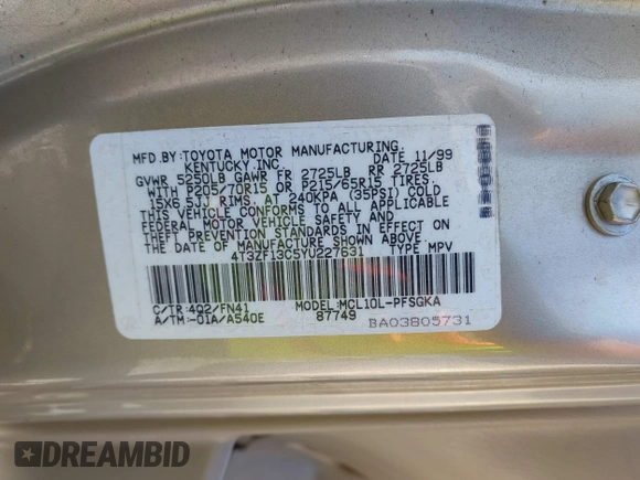 2000 Toyota Sienna LE with VIN 4T3ZF13C5YU227631, listed as a IAAI auction lot 42173057 with 154,152 mi miles and . Bid and sale history available at DreamBid. Image 9.