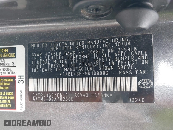 2009 Toyota Camry with VIN 4T4BE46K79R109086, listed as a IAAI auction lot 41640920 with 218,451 mi miles. Bid and sale history available at carsss.com. Image 9.