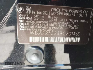 2011 BMW 5 Series 535i with VIN WBAFR7C53BC801469, listed as a IAAI auction lot 41878162 with 72,585 mi miles and . Bid and sale history available at DreamBid. Image 9.