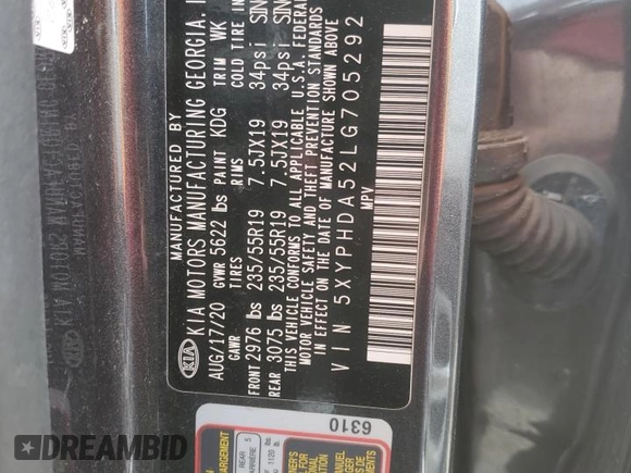 2020 Kia Sorento EX with VIN 5XYPHDA52LG705292, listed as a Copart auction lot 47471575 with 123,228 mi miles and Salvage Title. Bid and sale history available at DreamBid. Image 13.