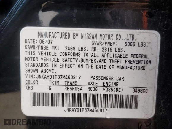 2007 Infiniti M x with VIN JNKAY01F37M460917, listed as a Copart auction lot 60228925 with Not provided miles and Salvage title. Bid and sale history available at DreamBid. Image 13.