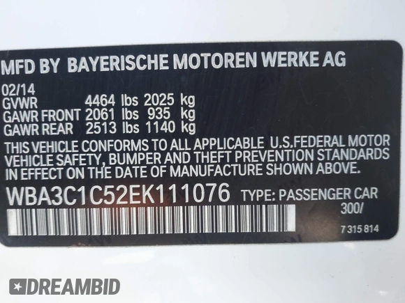 2014 BMW 3 Series 328i with VIN WBA3C1C52EK111076, listed as a IAAI auction lot 41817471 with 98,759 mi miles. Bid and sale history available at carsss.com. Image 9.