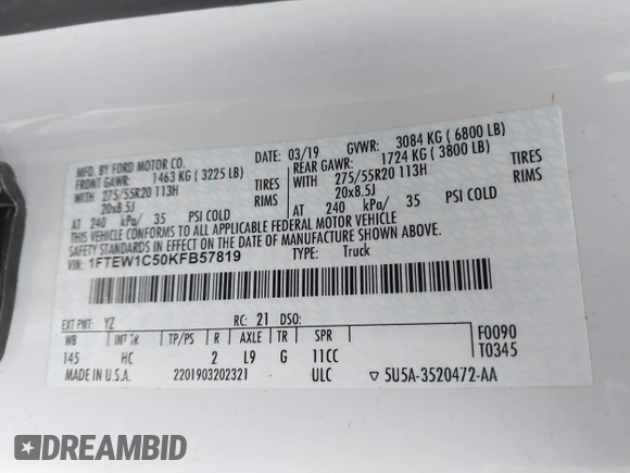 2019 Ford F-150 XL with VIN 1FTEW1C50KFB57819, listed as a IAAI auction lot 41627136 with 64,558 mi miles and . Bid and sale history available at DreamBid. Image 9.