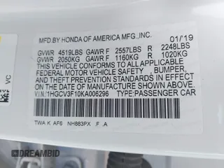 2019 Honda Accord with VIN 1HGCV3F10KA006296, listed as a IAAI auction lot 42768771 with 79,467 mi miles and . Bid and sale history available at DreamBid. Image 9.