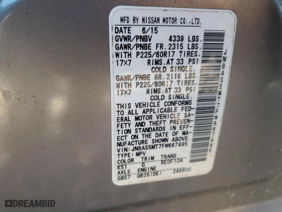2015 Nissan Rogue Select S with VIN JN8AS5MT7FW667495, listed as a Copart auction lot 47779245 with 189,720 mi miles and Salvage Title. Bid and sale history available at carsss.com. Image 13.