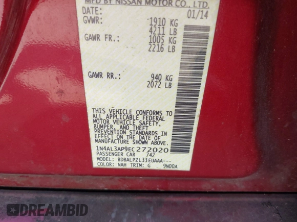 2014 Nissan Altima 2.5 with VIN 1N4AL3AP9EC272020, listed as a IAAI auction lot 41845156 with 217,927 mi miles. Bid and sale history available at carsss.com. Image 9.