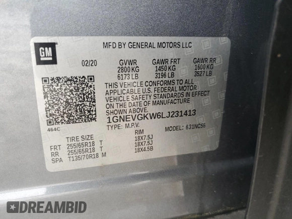 2020 Chevrolet Traverse LT Cloth with VIN 1GNEVGKW6LJ231413, listed as a Copart auction lot 55834845 with 71,239 mi miles and Salvage title. Bid and sale history available at DreamBid. Image 13.