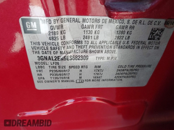 2014 Chevrolet Captiva Sport LS with VIN 3GNAL2EK6ES682309, listed as a IAAI auction lot 42151262 with 125,905 mi miles. Bid and sale history available at carsss.com. Image 9.