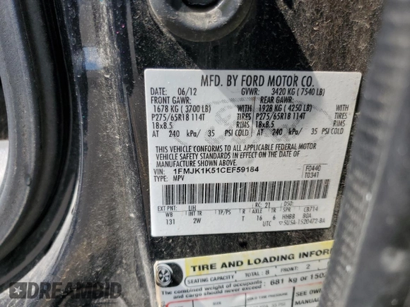 2012 Ford Expedition Max Limited с VIN 1FMJK1K51CEF59184, выставлен на аукционе Copart как лот 56975755 с пробегом 171 212 миль миль и Списание • Salvage title. История ставок и продаж доступна на DreamBid. Изображение 14.
