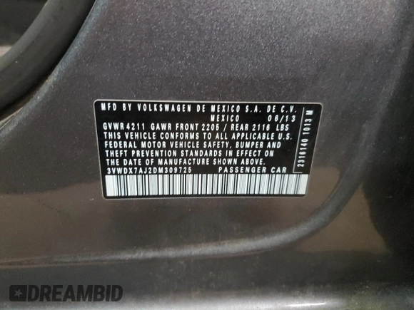 2013 Volkswagen Jetta SE with VIN 3VWDX7AJ2DM309725, listed as a Copart auction lot 86052114 with 70,828 mi miles and Salvage title. Bid and sale history available at DreamBid. Image 14.