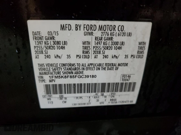 2015 Ford Explorer Limited with VIN 1FM5K8F85FGC39180, listed as a Copart auction lot 42633115 with 205,698 mi miles and Salvage Title. Bid and sale history available at DreamBid. Image 14.
