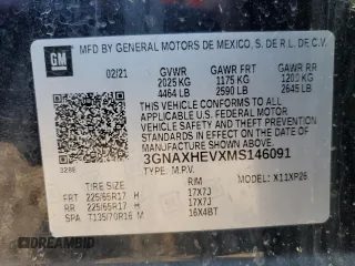 2021 Chevrolet Equinox LS z VIN 3GNAXHEVXMS146091, wystawiony jako Copart lot #55772595 z przebiegiem 53 215 mil mil oraz Szkoda całkowita • Salvage title. Historia ofert i sprzedaży dostępna na DreamBid. Obrazek 14.