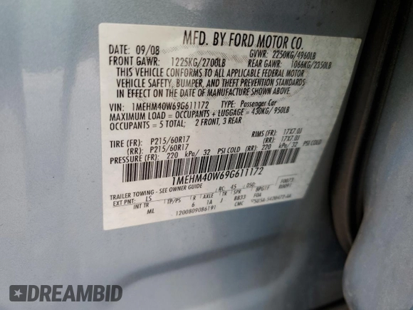 2009 Mercury Sable with VIN 1MEHM40W69G611172, listed as a Copart auction lot 55796535 with 92,137 mi miles and Salvage title. Bid and sale history available at DreamBid. Image 12.