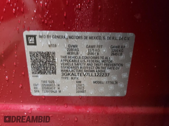 2020 GMC Terrain SLE with VIN 3GKALTEV7LL122237, listed as a Copart auction lot 51636345 with 69,441 mi miles and Clean Title. Bid and sale history available at DreamBid. Image 12.