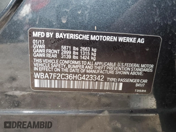 2017 BMW 7 Series with VIN WBA7F2C36HG423342, listed as a Copart auction lot 41057853 with Not Provided miles and . Bid and sale history available at DreamBid. Image 13.
