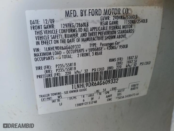 2010 Lincoln MKS with VIN 1LNHL9DR6AG609332, listed as a Copart auction lot 76629434 with 212,152 mi miles and Salvage Title. Bid and sale history available at carsss.com. Image 13.