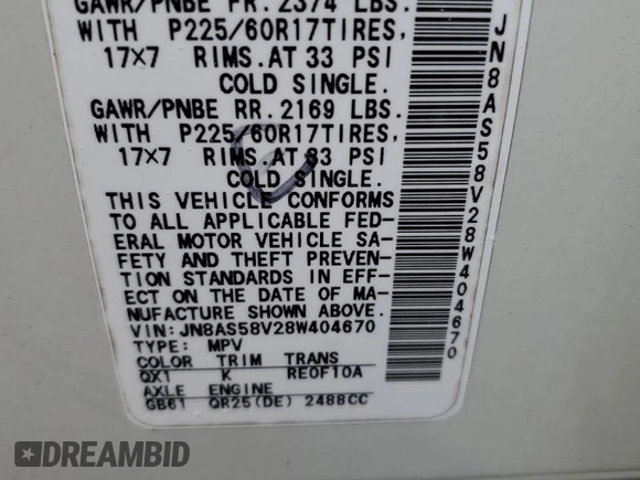 2008 Nissan Rogue SL with VIN JN8AS58V28W404670, listed as a Copart auction lot 52741815 with 191,363 mi miles and Clean Title. Bid and sale history available at DreamBid. Image 12.