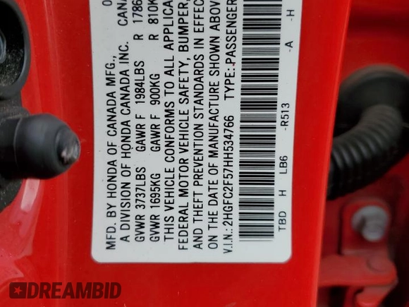 2017 Honda Civic Sedan LX with VIN 2HGFC2F57HH534766, listed as a Copart auction lot 43627195 with 102,586 mi miles and Salvage Title. Bid and sale history available at carsss.com. Image 14.