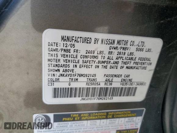 2006 Infiniti M with VIN JNKAY01F76M262145, listed as a Copart auction lot 64446895 with 203,354 mi miles and Salvage title. Bid and sale history available at DreamBid. Image 12.