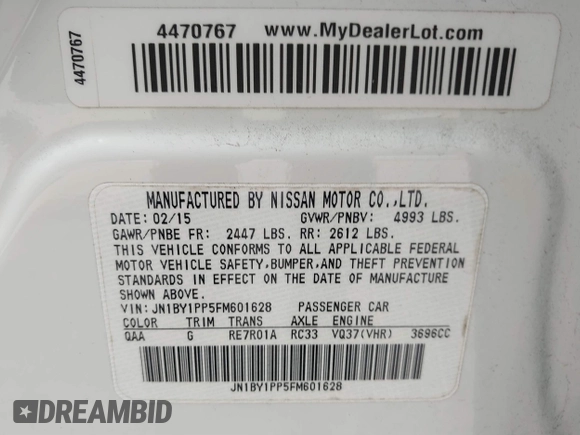 2015 Infiniti Q70 with VIN JN1BY1PP5FM601628, listed as a IAAI auction lot 41510075 with 102,363 mi miles and . Bid and sale history available at DreamBid. Image 9.