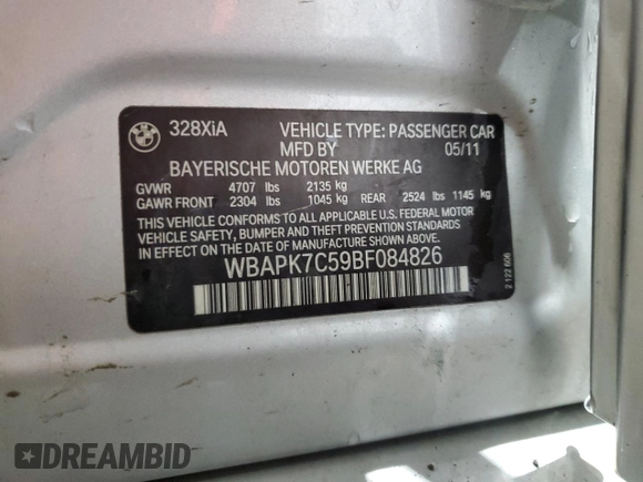 2011 BMW 3 Series 328i xDrive with VIN WBAPK7C59BF084826, listed as a Copart auction lot 86481334 with 152,216 mi miles and Salvage title. Bid and sale history available at DreamBid. Image 12.
