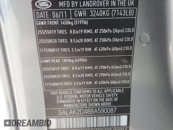 2011 Land Rover LR4 Lux with VIN SALAK2D48BA590087, listed as a Copart auction lot 57804765 with 136,476 mi miles and Clean title. Bid and sale history available at DreamBid. Image 13.