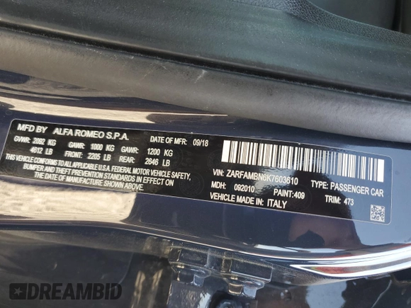 2019 Alfa Romeo Giulia Ti Sport with VIN ZARFAMBN6K7603610, listed as a Copart auction lot 74550354 with 46,722 mi miles and Salvage Title. Bid and sale history available at carsss.com. Image 12.
