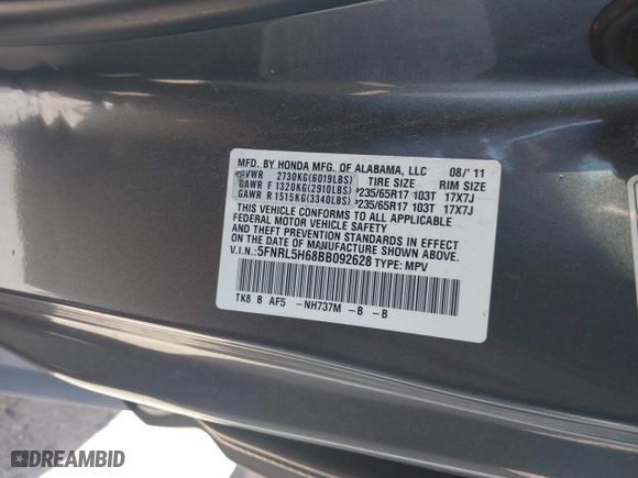 2011 Honda Odyssey EX-L with VIN 5FNRL5H68BB092628, listed as a IAAI auction lot 41820351 with 243,538 mi miles. Bid and sale history available at carsss.com. Image 9.